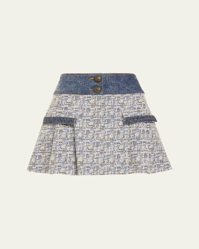 Jessie Denim-Trim Tweed Mini Skirt